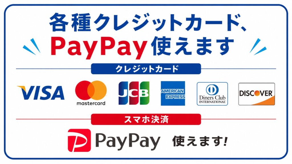 各種クレジットカード、PayPay使えます。Visa、Mastercard、JCB、American Express、Diners Club、Discover、PayPay。